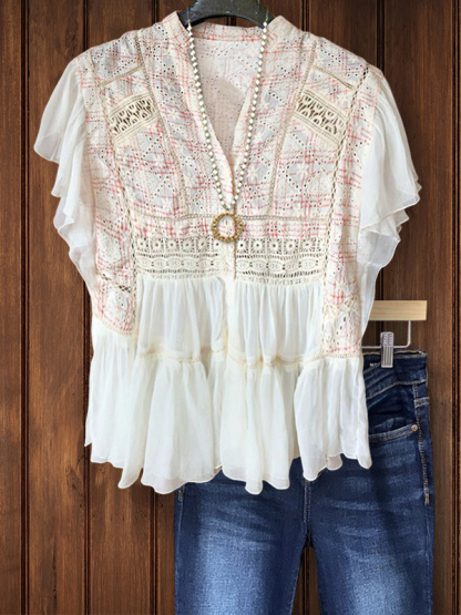 Elegant Vintage Print Patchwork Ruffle Top