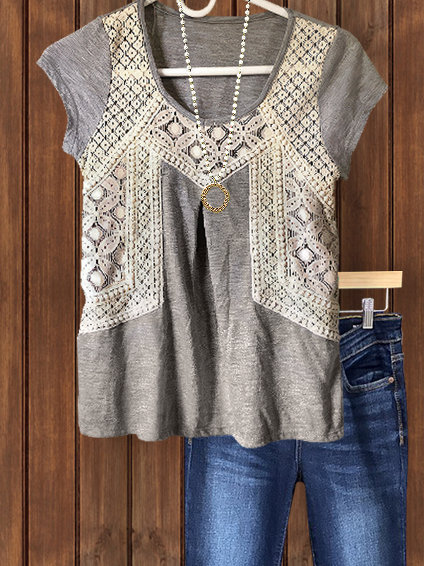 Women's top | Casual Crochet Patchwork Short Sleeve Top |Website-shopcharmingrose