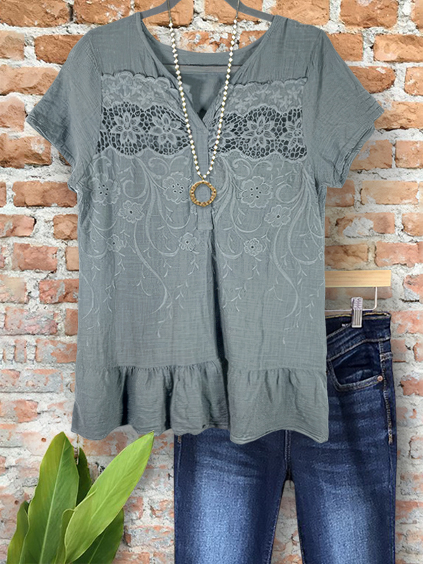 Women's top | Vintage Chic Linen Embroidered Cutout Patchwork Top |Website-shopcharmingrose