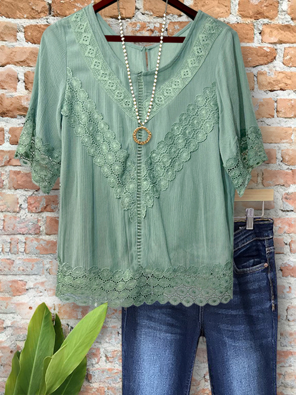 Bohemian Lace Patchwork Crew Neck Top