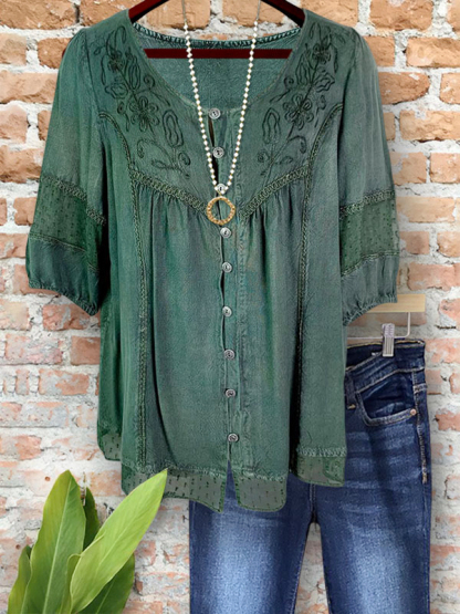 Chic Vintage Embroidered Floral Patchwork Top