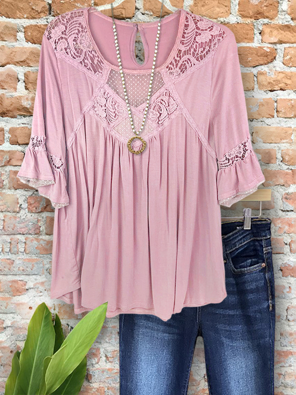 Women's top | Elegant And Cozy Lace Patchwork Ruffle Sleeve Top |Website-shopcharmingrose