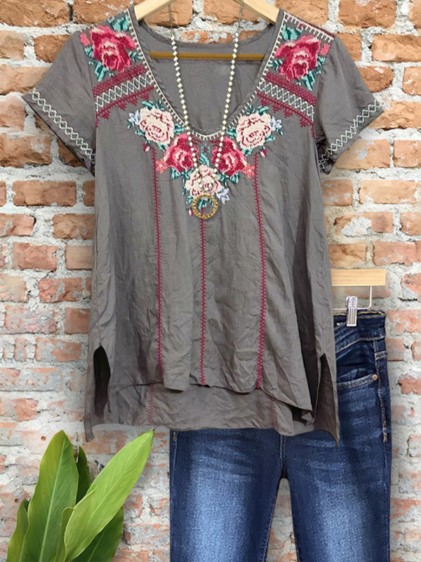 Casual Embroidered Floral V-Neck Top