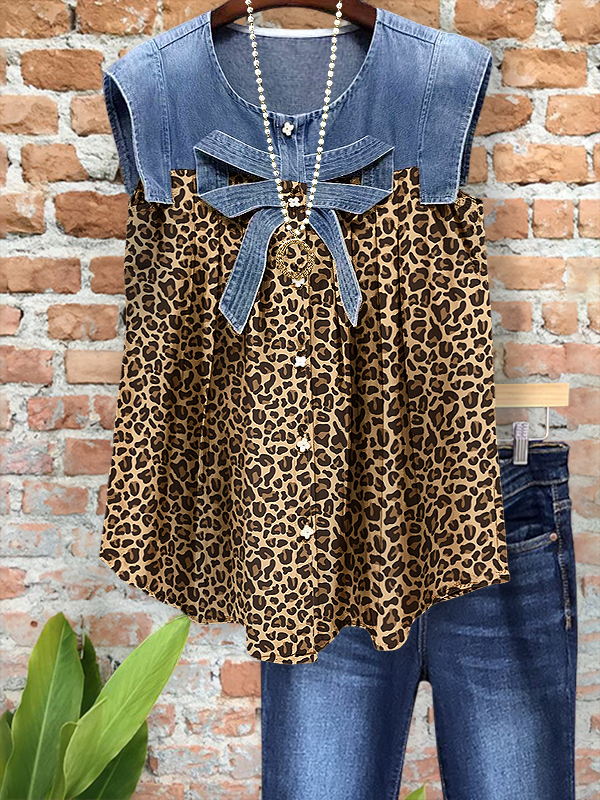 Women's top | Vintage Denim Leopard Print Bow Top |Website-shopcharmingrose