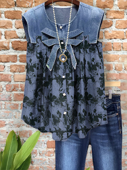 Charming Denim Print Bow Patchwork Top
