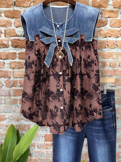 Charming Denim Print Bow Patchwork Top
