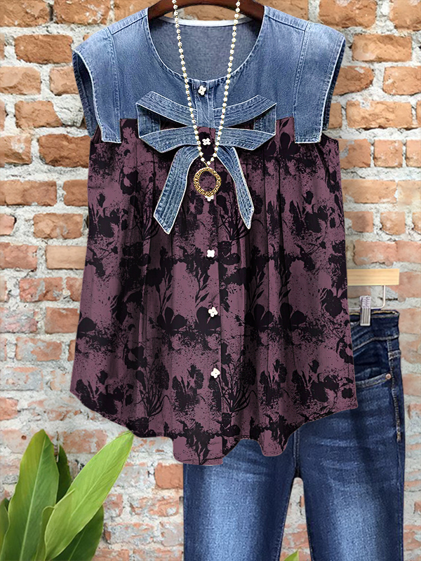 Charming Denim Print Bow Patchwork Top