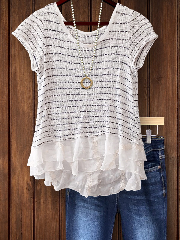 Women's top | Classic Stripe Lace Ruffle Hem Top |Website-shopcharmingrose
