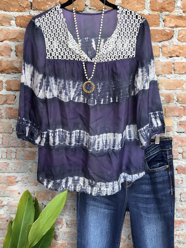 Charming Tie-Dye Print Crochet Patchwork Top