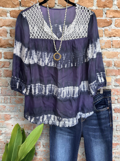 Charming Tie-Dye Print Crochet Patchwork Top