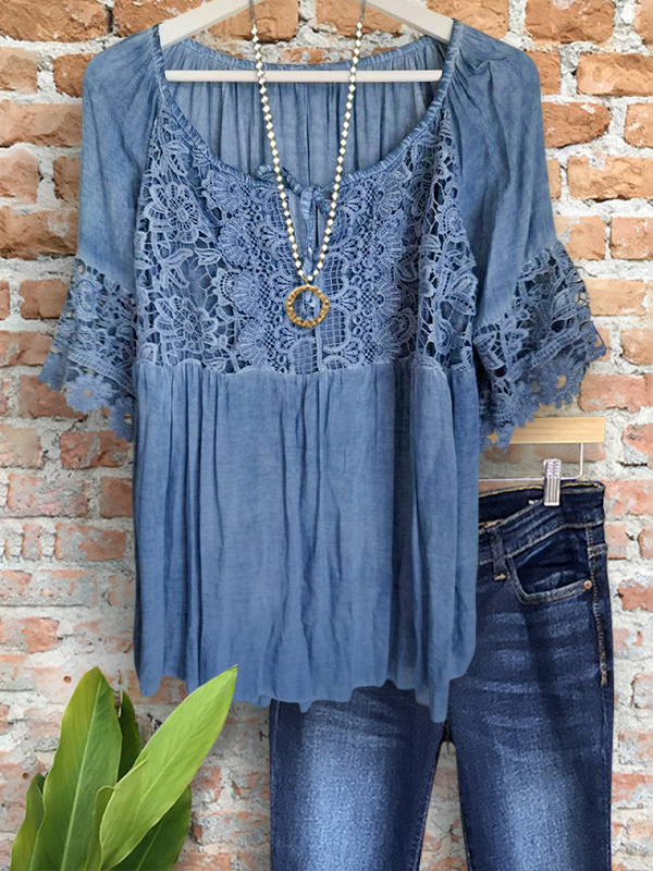 Women's top | Vintage Crochet Floral Crew Neck Top |Website-shopcharmingrose