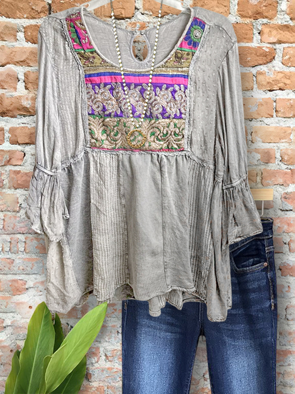 Women's top | Ethnic Print Patchwork Ruffle Sleeve Top |Website-shopcharmingrose