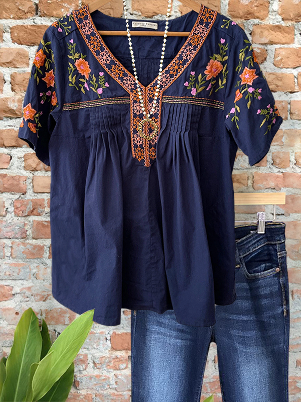Elegant And Romantic Floral Embroidered V-Neck Top