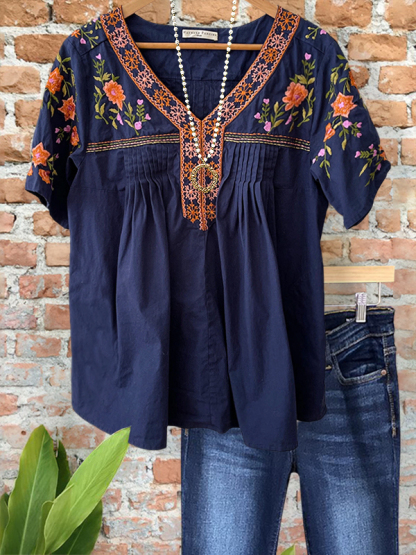 Elegant And Romantic Floral Embroidered V-Neck Top