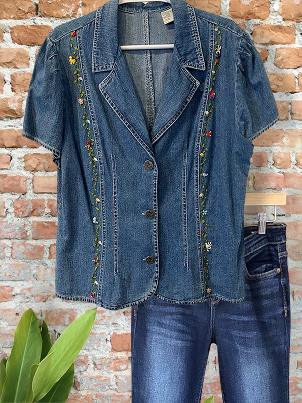 Women's top | Vintage Denim Embroidered Floral Lapel Top |Website-shopcharmingrose
