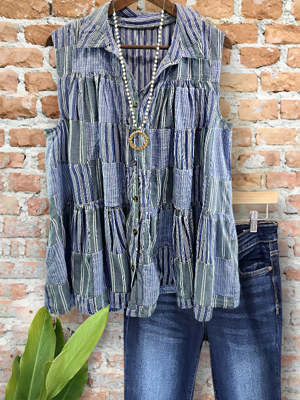 Casual Vintage Striped Patchwork Vest
