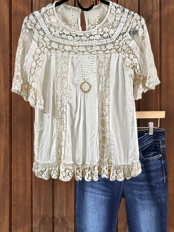 Romantic Floral Lace Patchwork Ruffle Sleeve Top