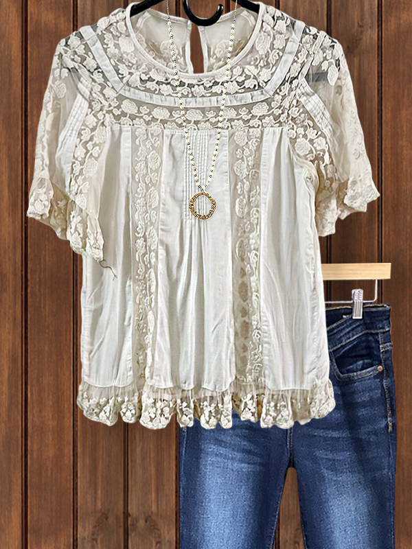 Romantic Floral Lace Patchwork Ruffle Sleeve Top