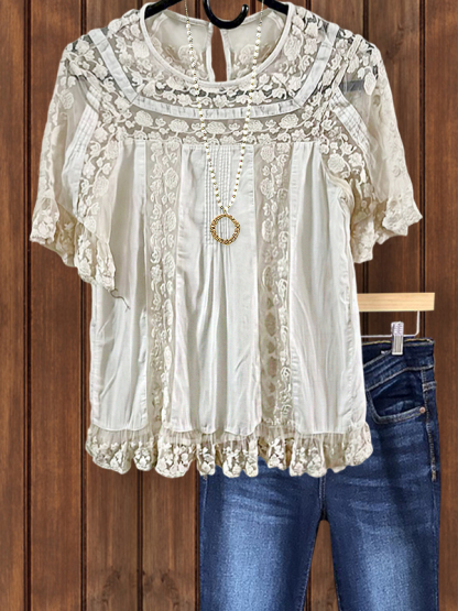 Romantic Floral Lace Patchwork Ruffle Sleeve Top