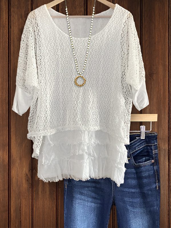 Women's top | Casual Crochet Patchwork Ruffle Hem Top |Website-shopcharmingrose