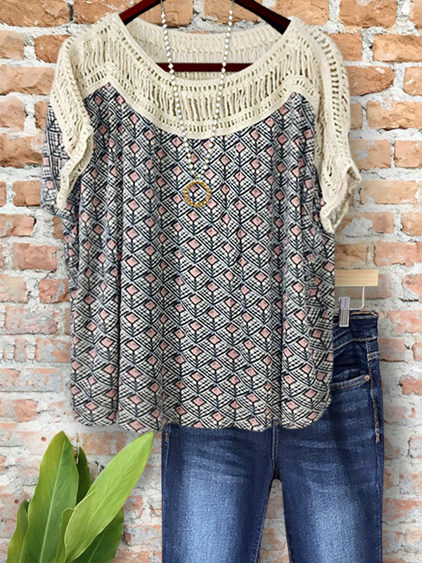 Ethnic Print Crochet Patchwork Batwing Sleeve Top