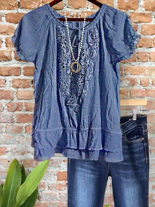 Women's top | Vintage Lace Applique Ruffle Hem Top |Website-shopcharmingrose