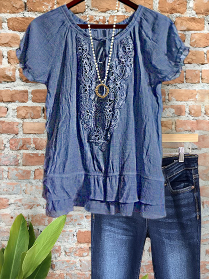 Vintage Lace Applique Ruffle Hem Top