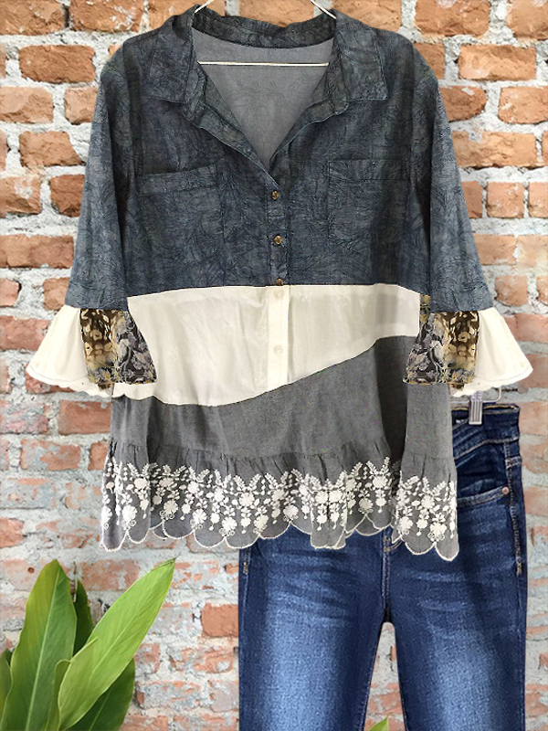 Women's top | Vintage Floral Print Patchwork Ruffle Hem Shirt |Website-shopcharmingrose