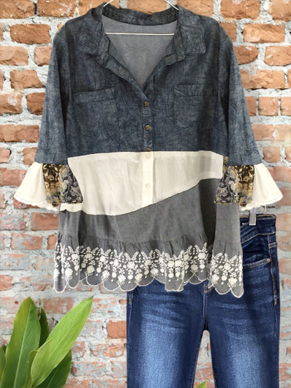 Vintage Floral Print Patchwork Ruffle Hem Shirt