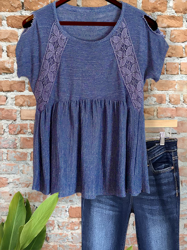 Women's top | Casual Denim Lace Patchwork Cutout Top |Website-shopcharmingrose