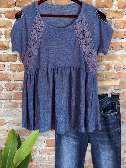 Casual Denim Lace Patchwork Cutout Top