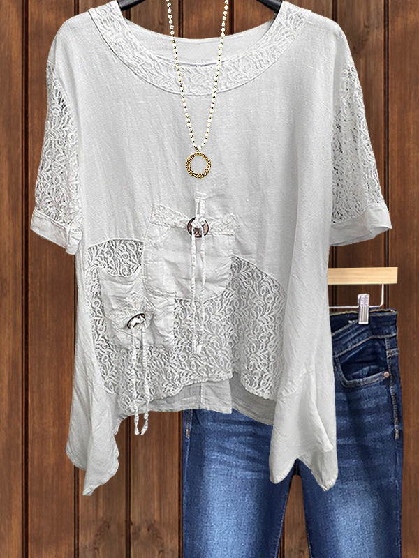 Casual Lace Patchwork Pocket Irregular Hem Top