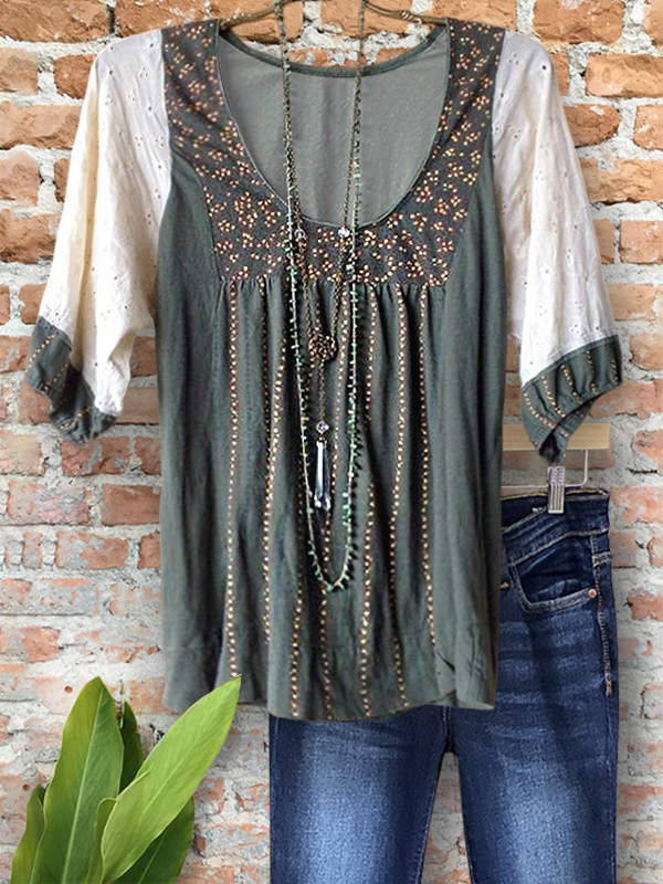Vintage Print Jacquard Patchwork Ruched Top