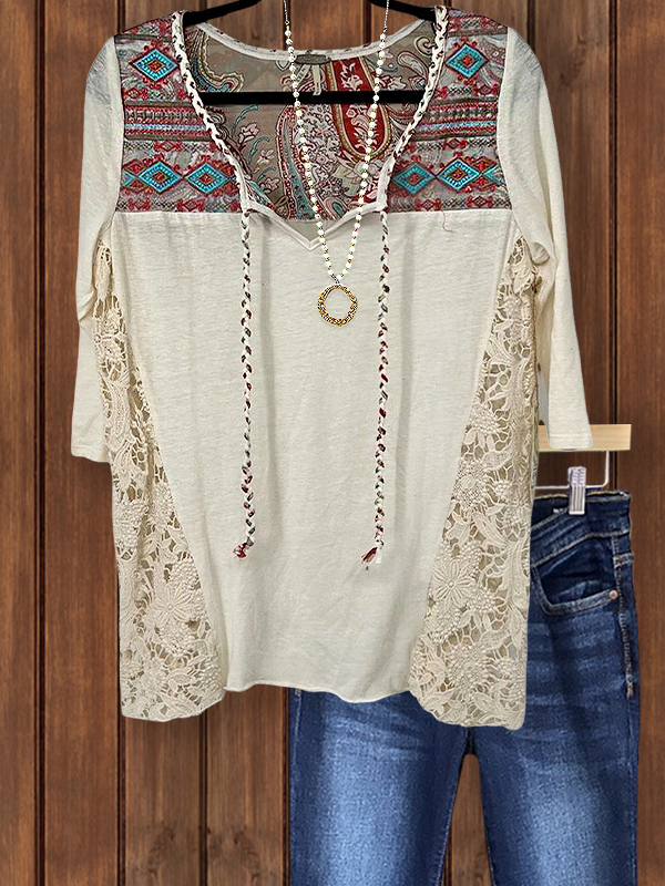 Bohemian Ethnic Print Hollow Floral Patchwork Top