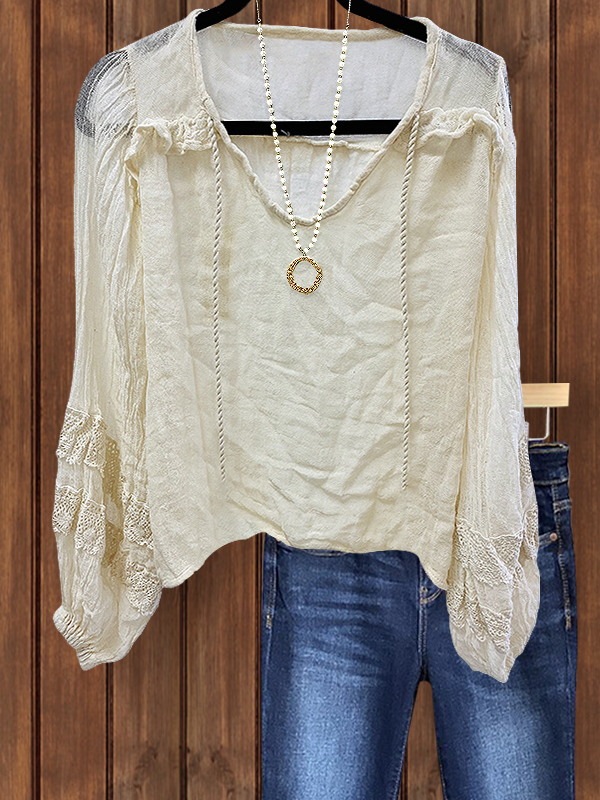 Casual And Cozy Cotton Linen Lace V-Neck Top