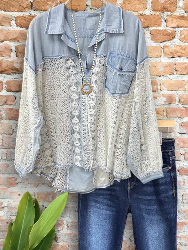 Casual Hollow Lace Pocket Splicing Top