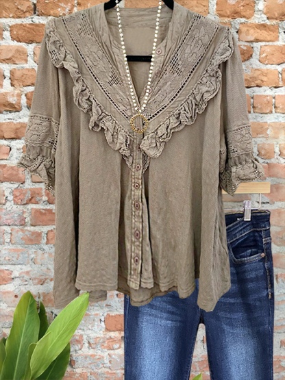 Vintage Cotton Crochet Floral Ruffle Shirt