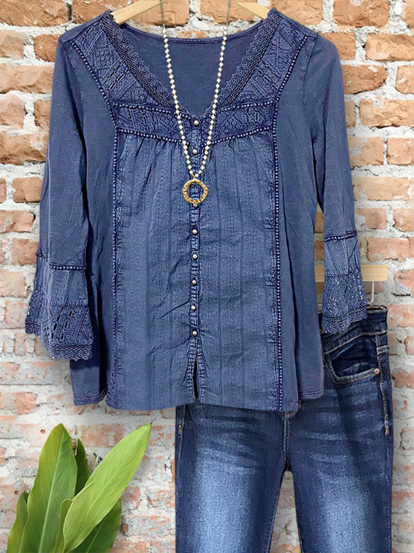 Women's top | Vintage Hollow Patchwork Button-Down V-Neck Top |Website-shopcharmingrose