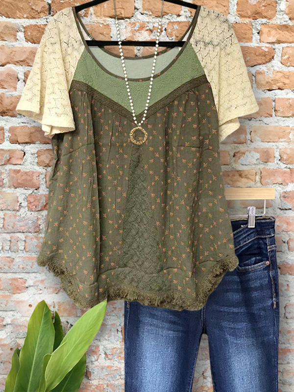 Vintage Print Lace Patchwork Tassel Top