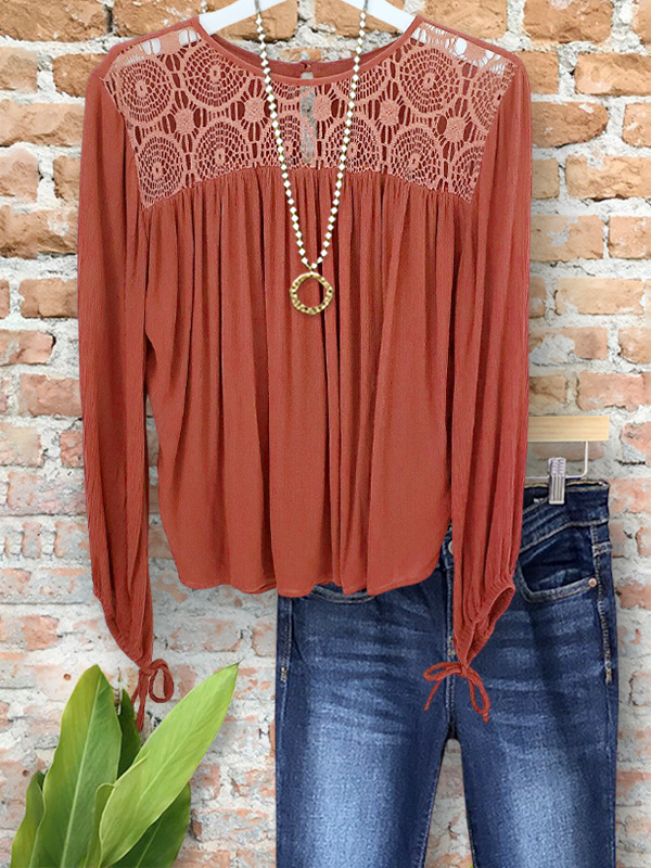 Casual Soft Crochet Ruched Patchwork Top