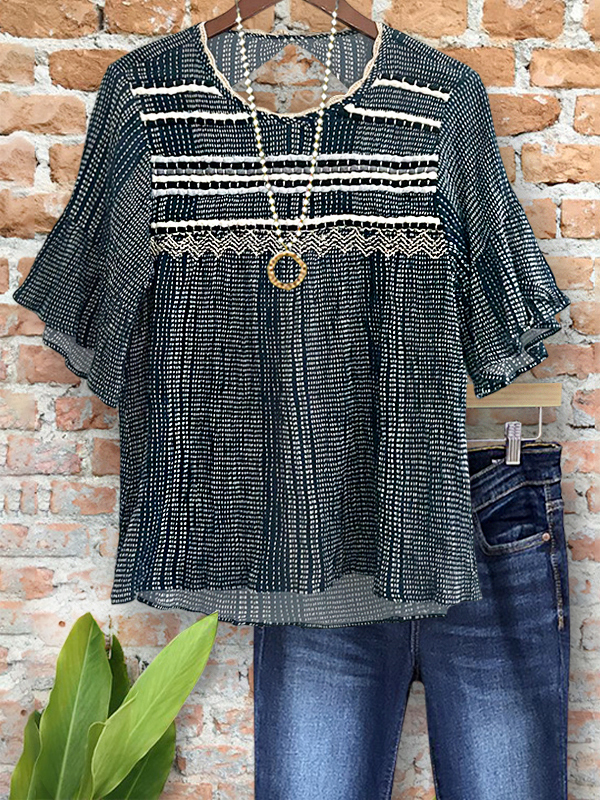 Women's top | Vintage Webbing Patchwork Ruffle Sleeve Top |Website-shopcharmingrose