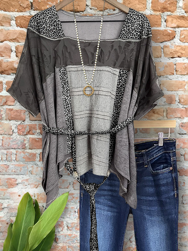 Women's top | Cozy Leopard Print Sheer Patchwork Belted Top |Website-shopcharmingrose