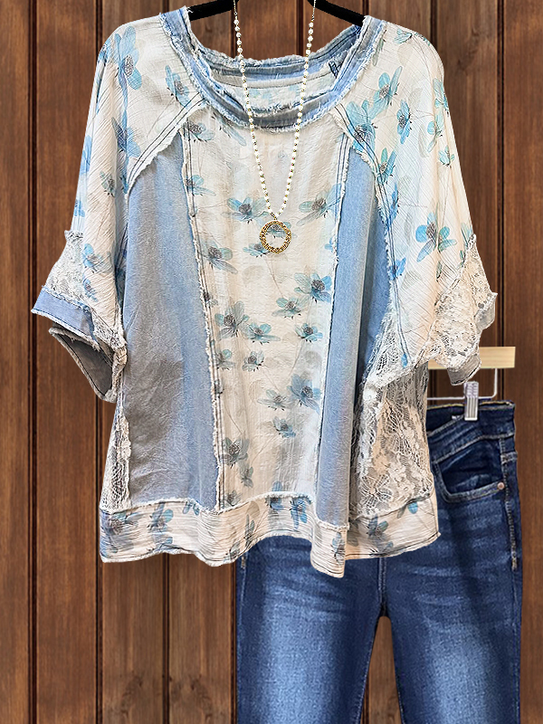 Women's top | Denim Style Floral Lace Patchwork Top |Website-shopcharmingrose
