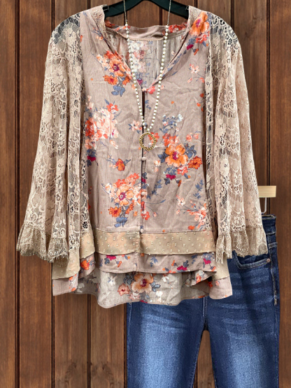 Vintage Romantic Floral Lace Button-Up Top