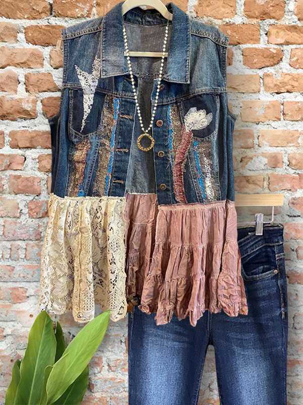 Vintage Lace Applique Ruffle Hem Vest Jacket