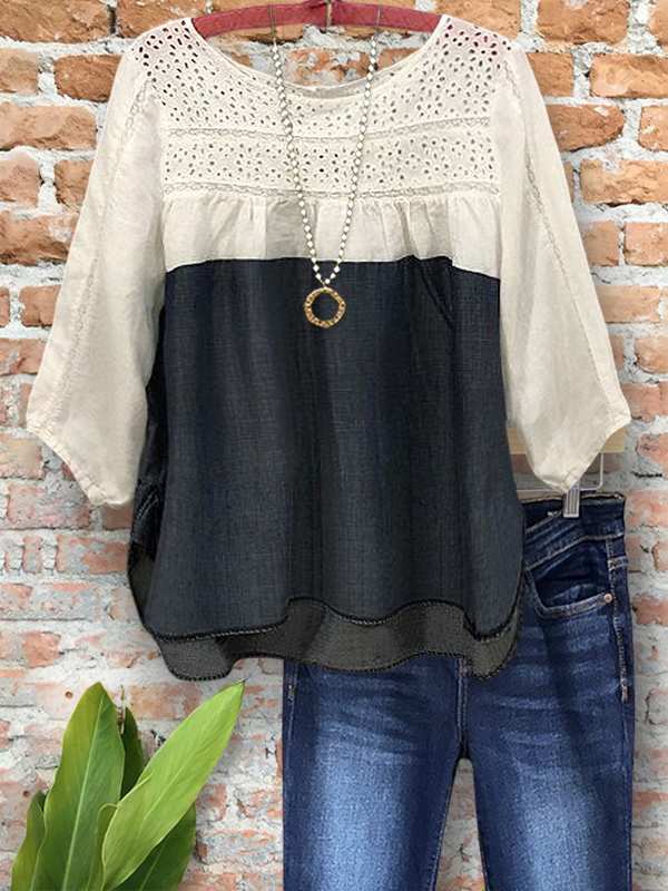 Women's top | Vintage Casual Cotton Hollow Patchwork Top |Website-shopcharmingrose