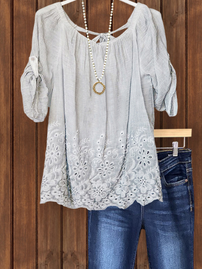 Vintage Linen Embroidered Floral Ruched Top