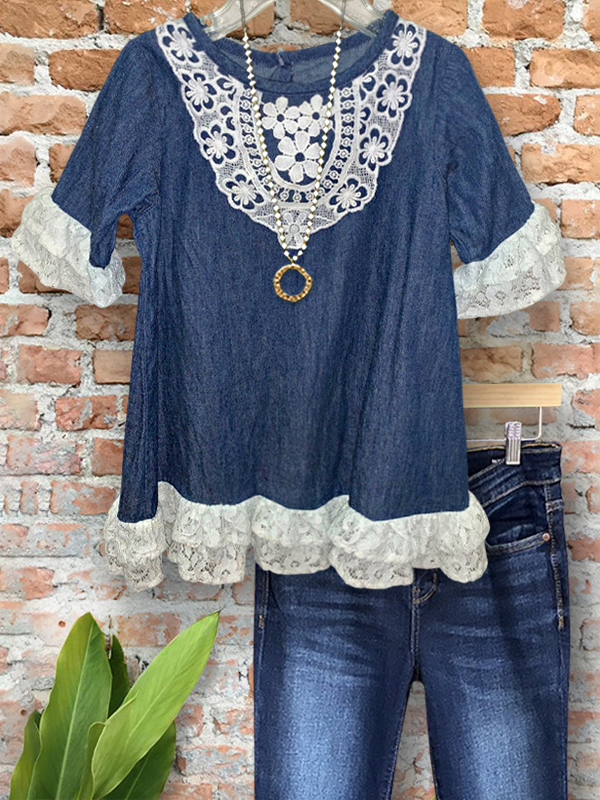 Chic Denim Lace Patchwork Ruffle Top