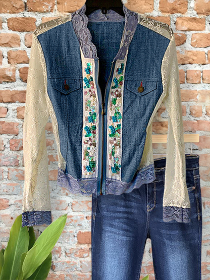 Vintage Chic Denim Lace Sequined Light Jacket