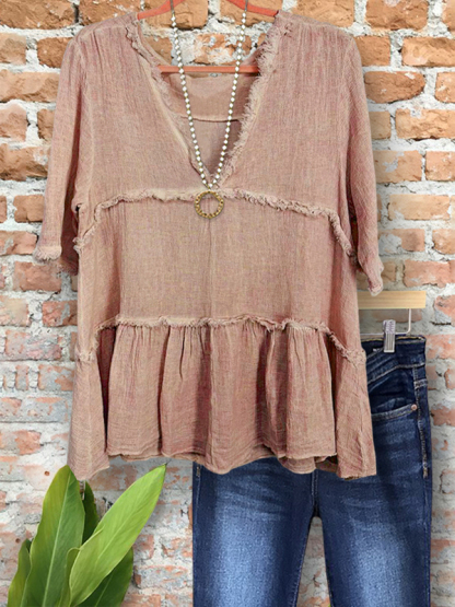 Vintage Linen Brushed Ruffle Hem Top